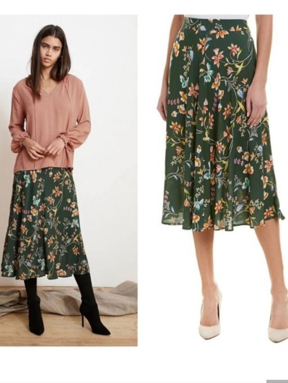 Velvet by Graham & Spencer Dark Green Floral Midi Skirt